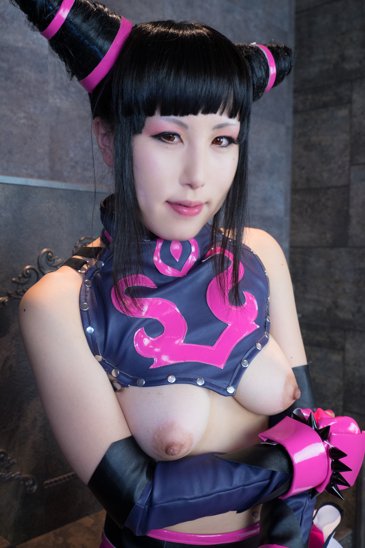 asian black_hair breasts cosplay female juri_han long_hair looking_at_viewer navel nipples solo street_fighter