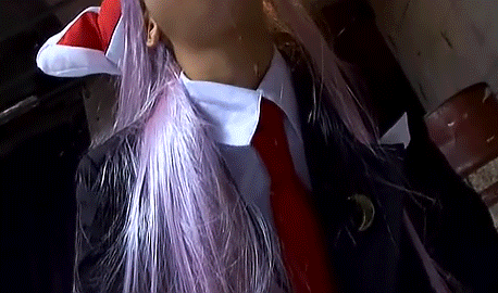 animated asian censored clothed_female_nude_male cosplay fellatio gif long_hair necktie penis purple_hair