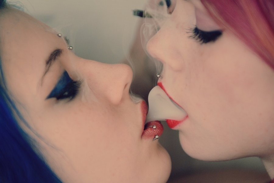 blue_hair kissing lesbian makeup photo piercing red_lipstick redhead smoking
