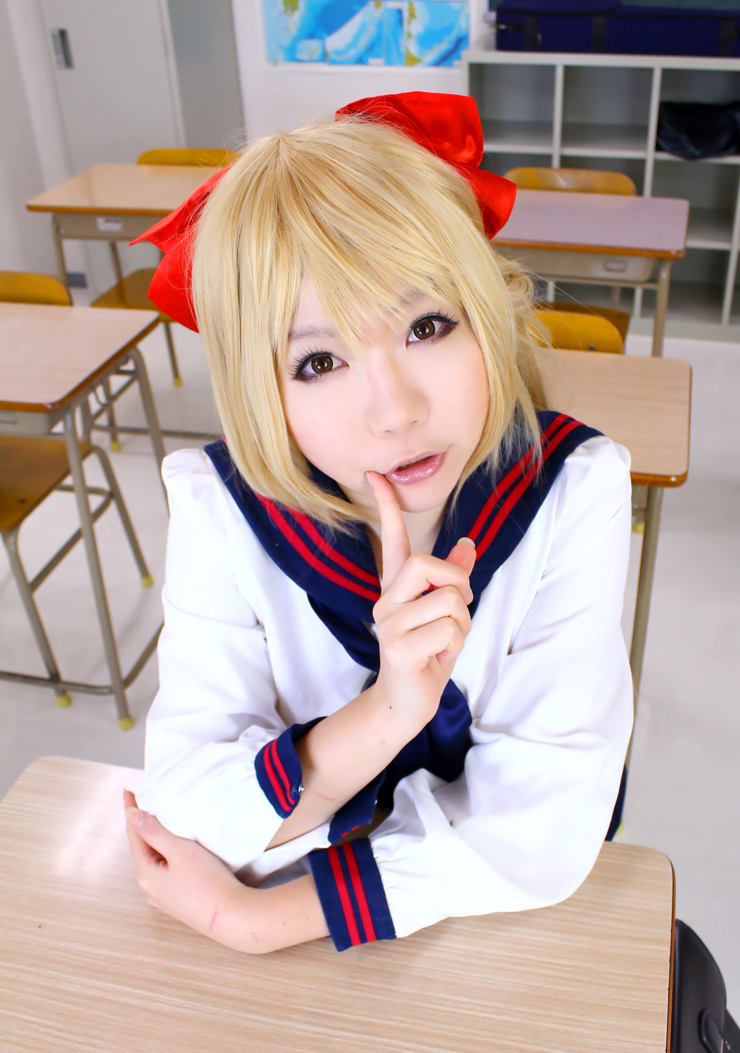 asian blonde_hair breasts female long_hair ribbon rin_higurashi school shoes skirt socks solo