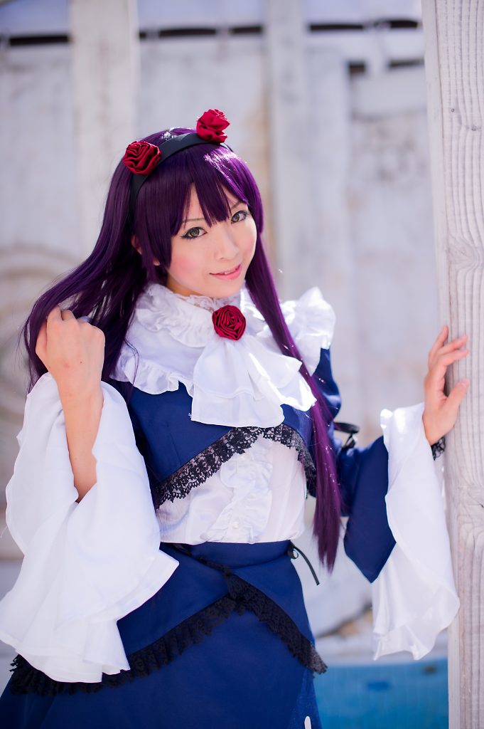 asian breasts cosplay dress female hairband high_heels large_breasts long_hair pantyhose purple_hair shoes solo