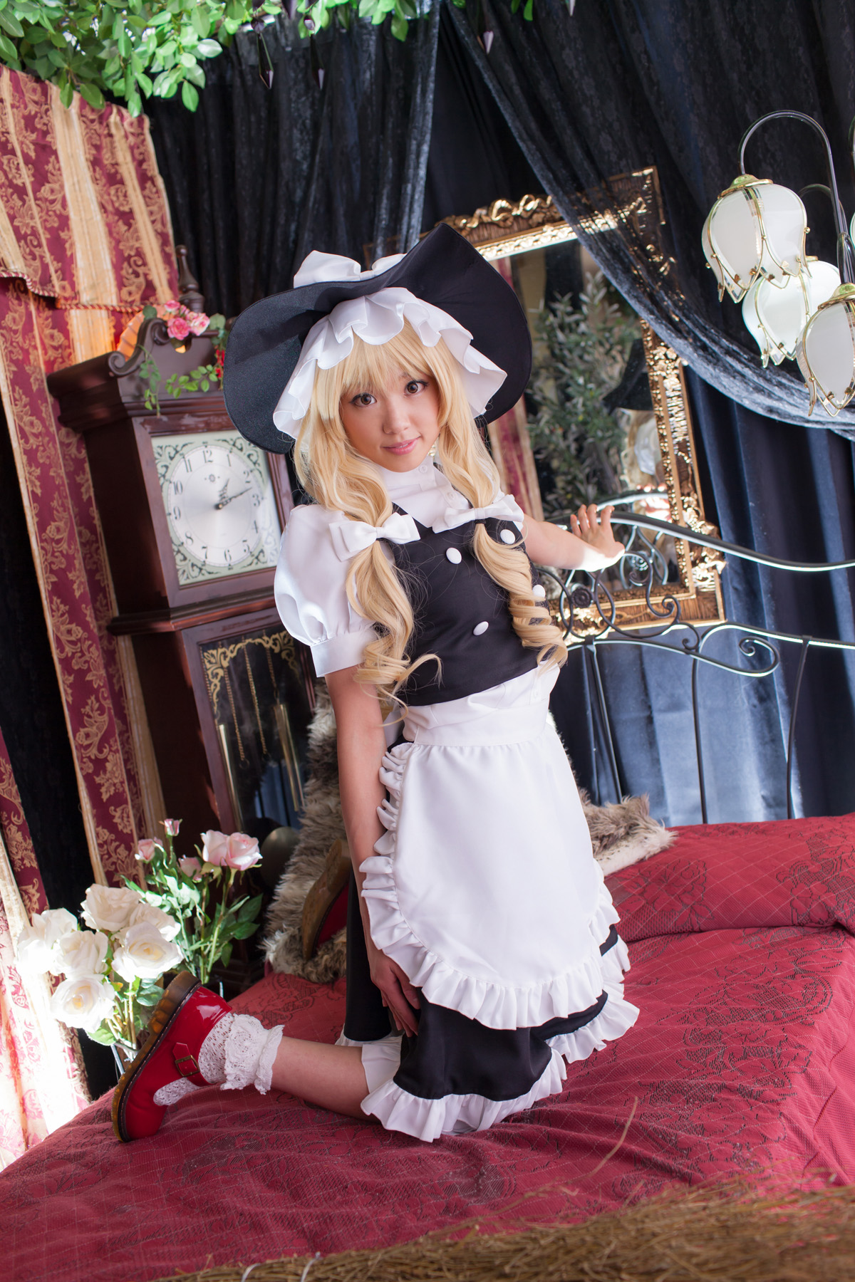asian bed blonde_hair breasts cosplay dress female hat long_hair shoes socks solo