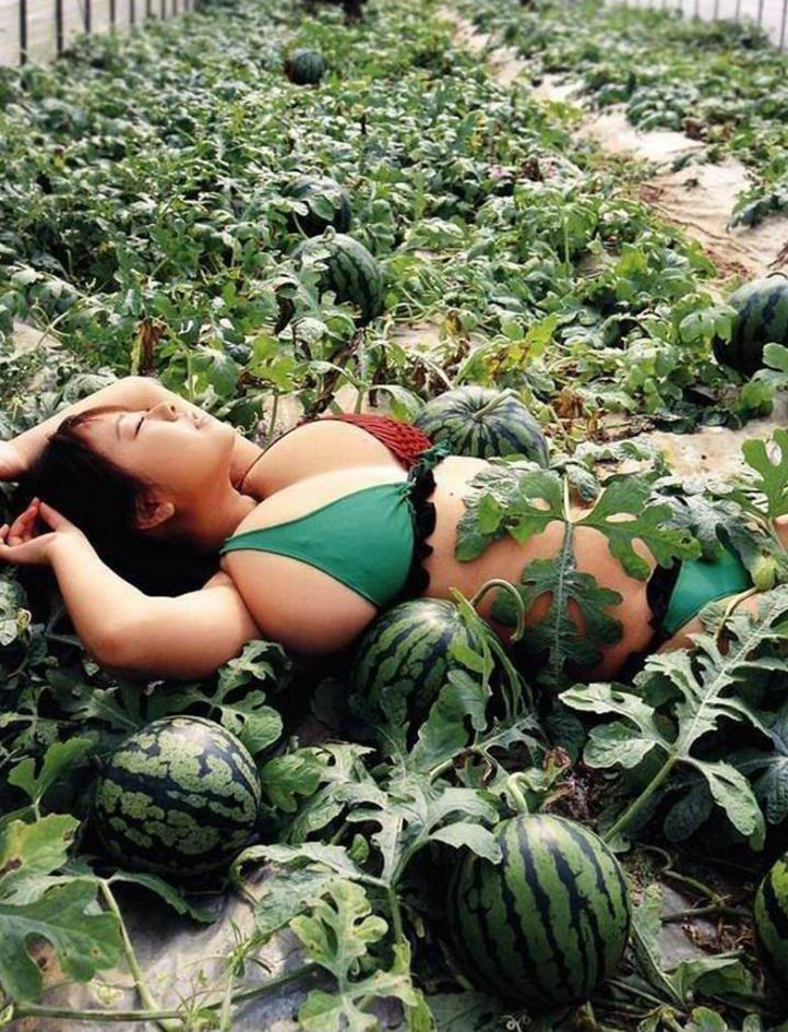 1girl arms_up asian bikini bra breasts female fuko fuko_love lying melons outside sleeping watermelon
