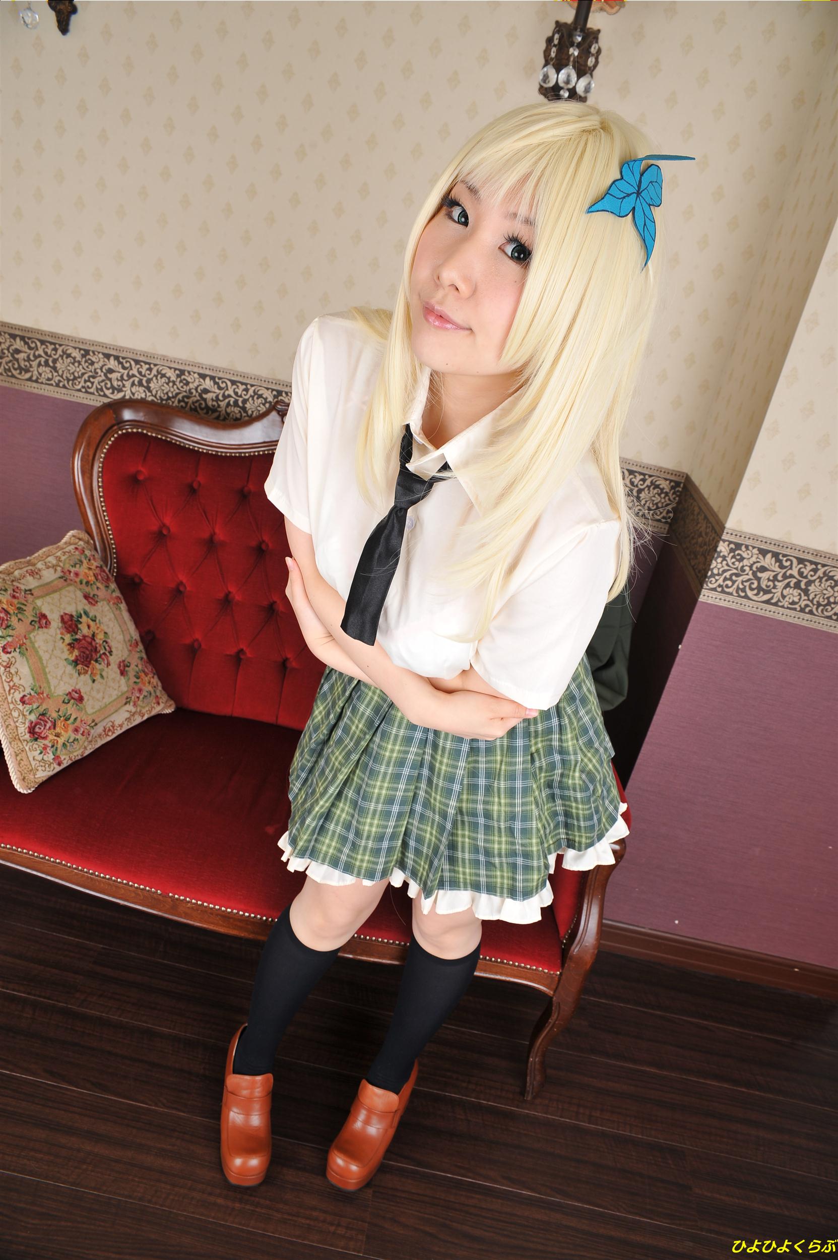 asian blonde_hair breasts cosplay female high_heels long_hair necktie shoes skirt socks solo