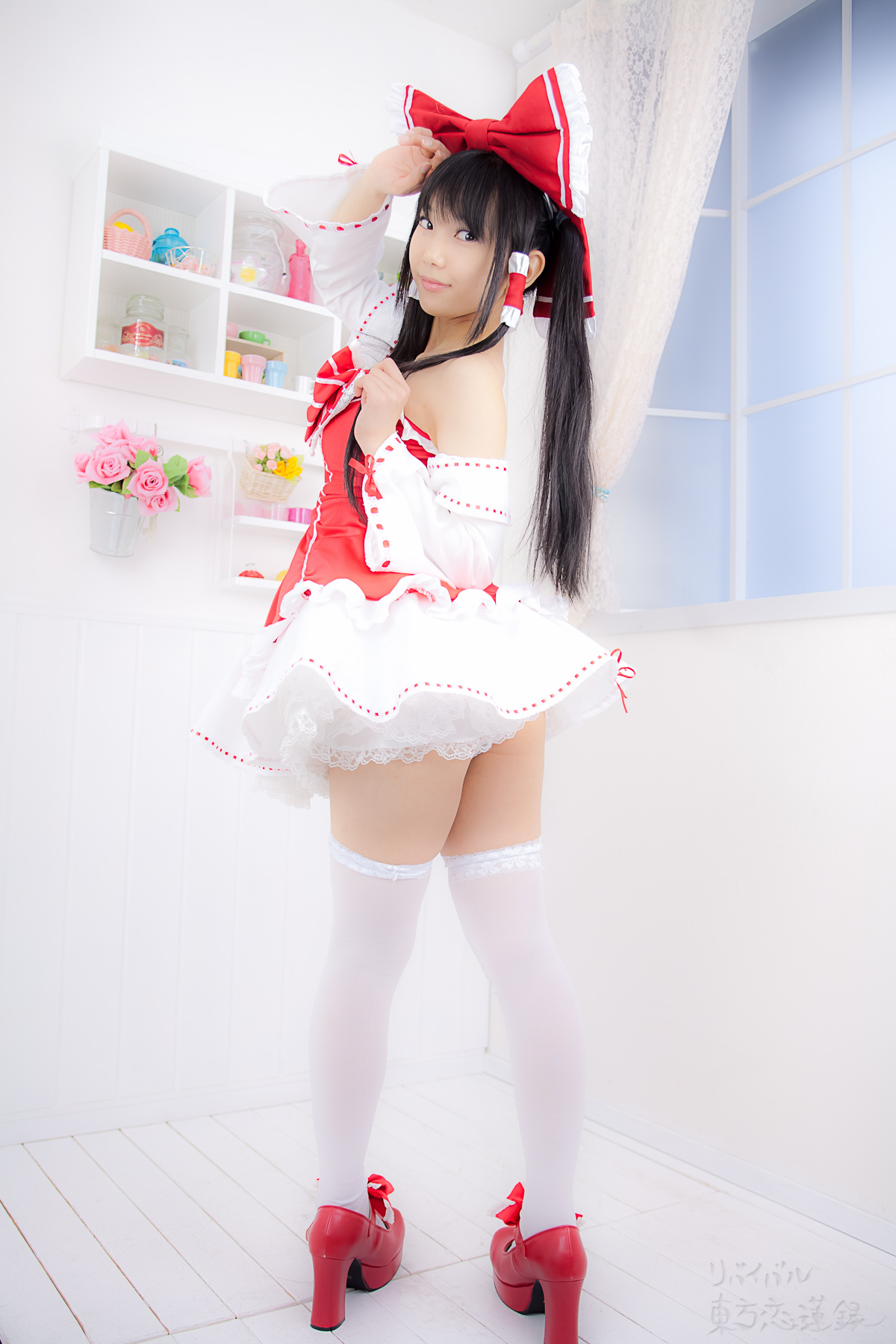 asian black_hair breasts cosplay dress female long_hair panties shoes solo thighhighs