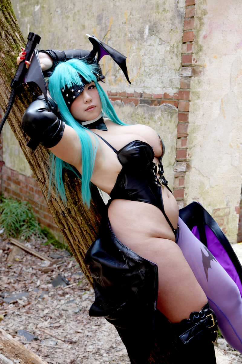 1girl aqua_hair armpits breasts capcom chouzuki_maryou cosplay darkstalkers female female_only huge_breasts long_hair morrigan_aensland non-nude partially_clothed plump solo succubus watermark wings