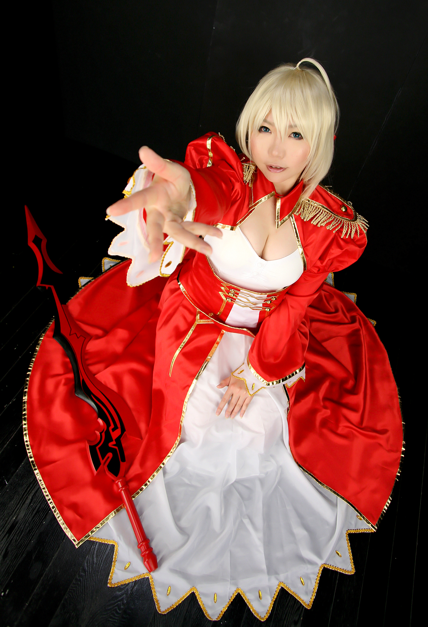 asian blonde_hair boots breasts cosplay dress female high_heels long_hair solo sword