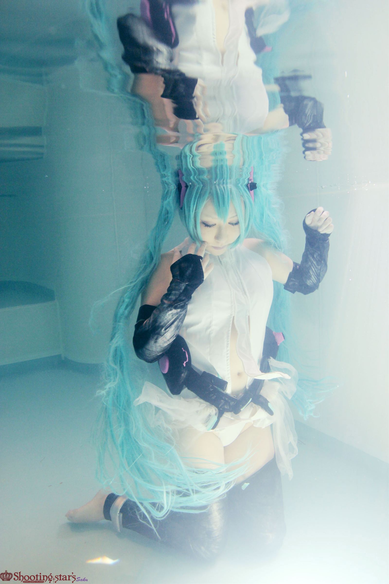 aqua_hair asian breasts cosplay elbow_gloves female gloves long_hair pigtails shooting_star solo watermark