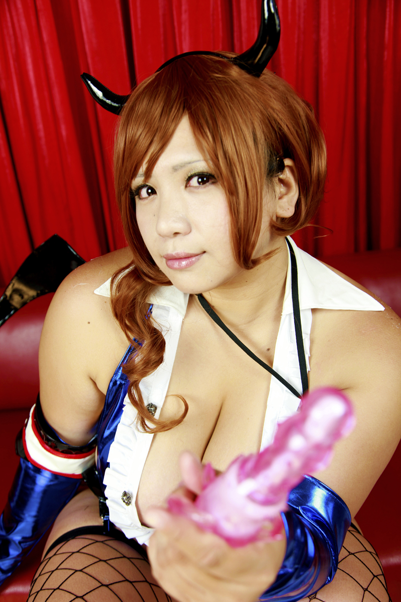 breasts brown_hair chouzuki_maryou cosplay female horns huge_breasts long_hair solo watermark