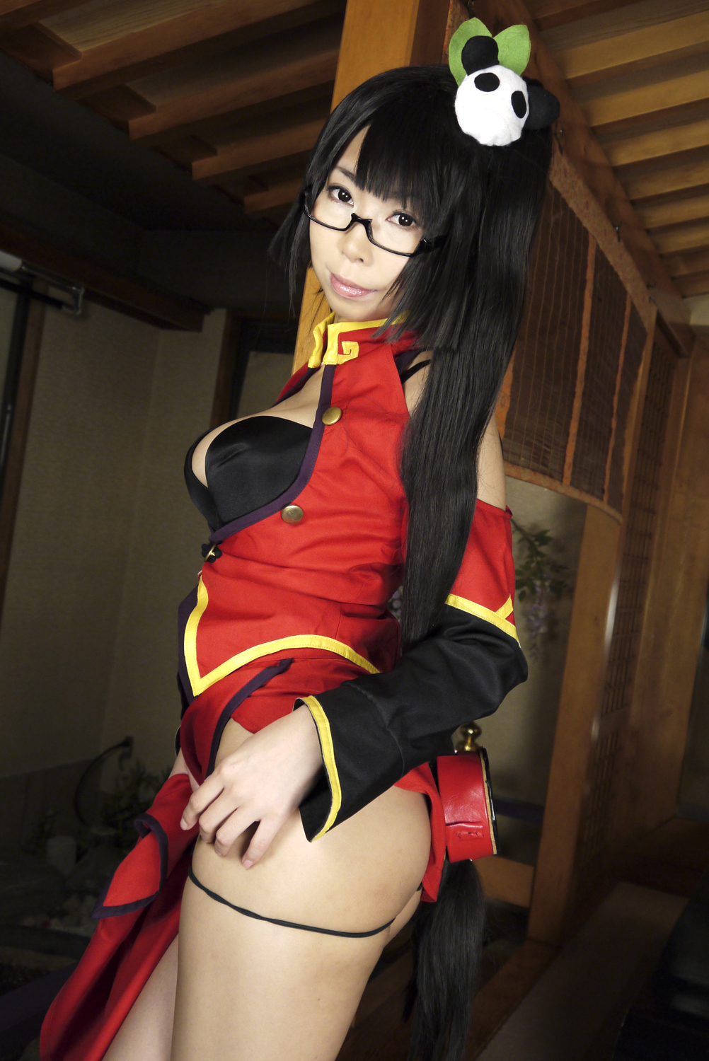 ashiya_noriko asian black_hair breasts cleavage female glasses high_heels large_breasts long_hair ponytail shoes solo