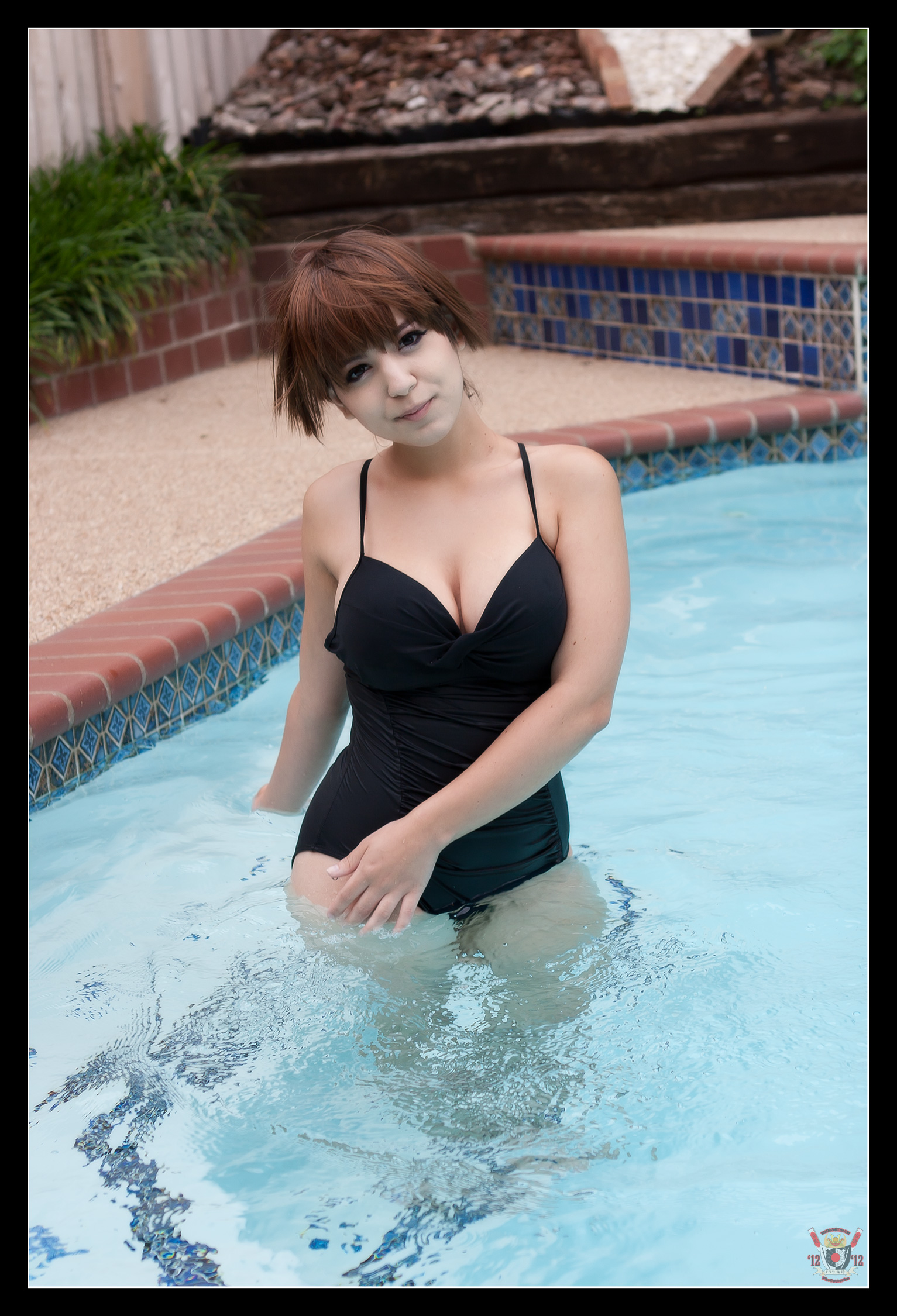 1girl breasts brown_hair bunny_ayumi cleavage clothed cosplay female female_only large_breasts long_hair looking_at_viewer non-nude one-piece_swimsuit outside pool solo swimsuit water watermark wet
