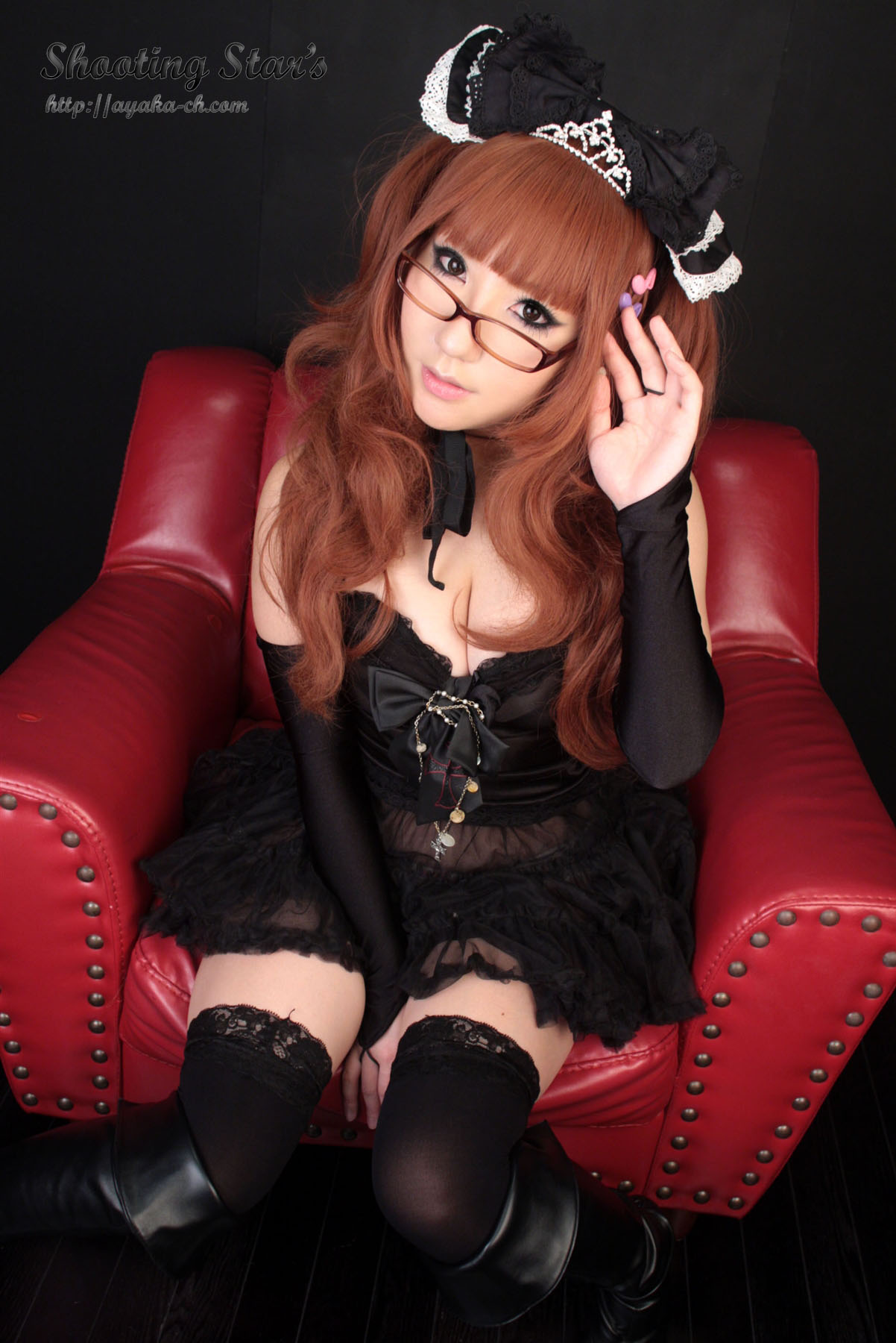 asian boots breasts brown_hair chair cleavage cosplay dress female glasses high_heels long_hair see-through shooting_star solo watermark