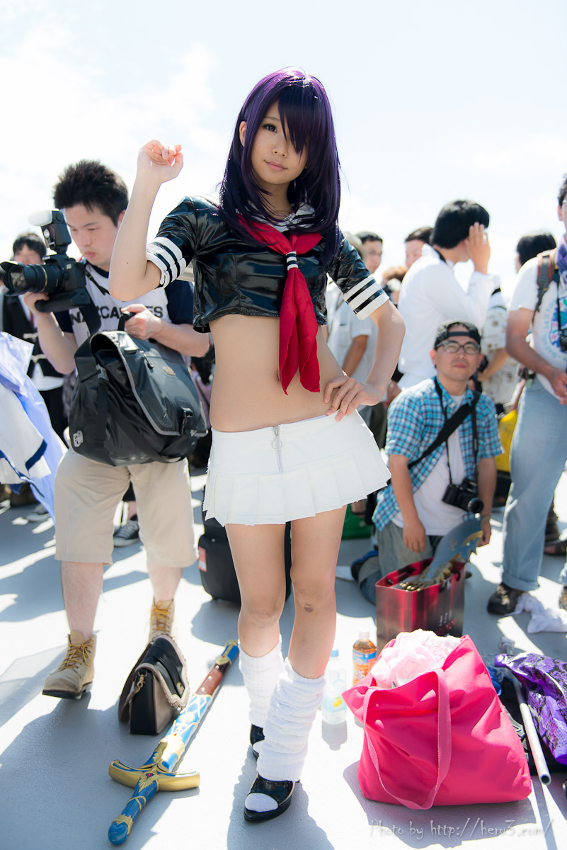 asian breasts camera cosplay long_hair midriff navel outside purple_hair skirt sword weapon