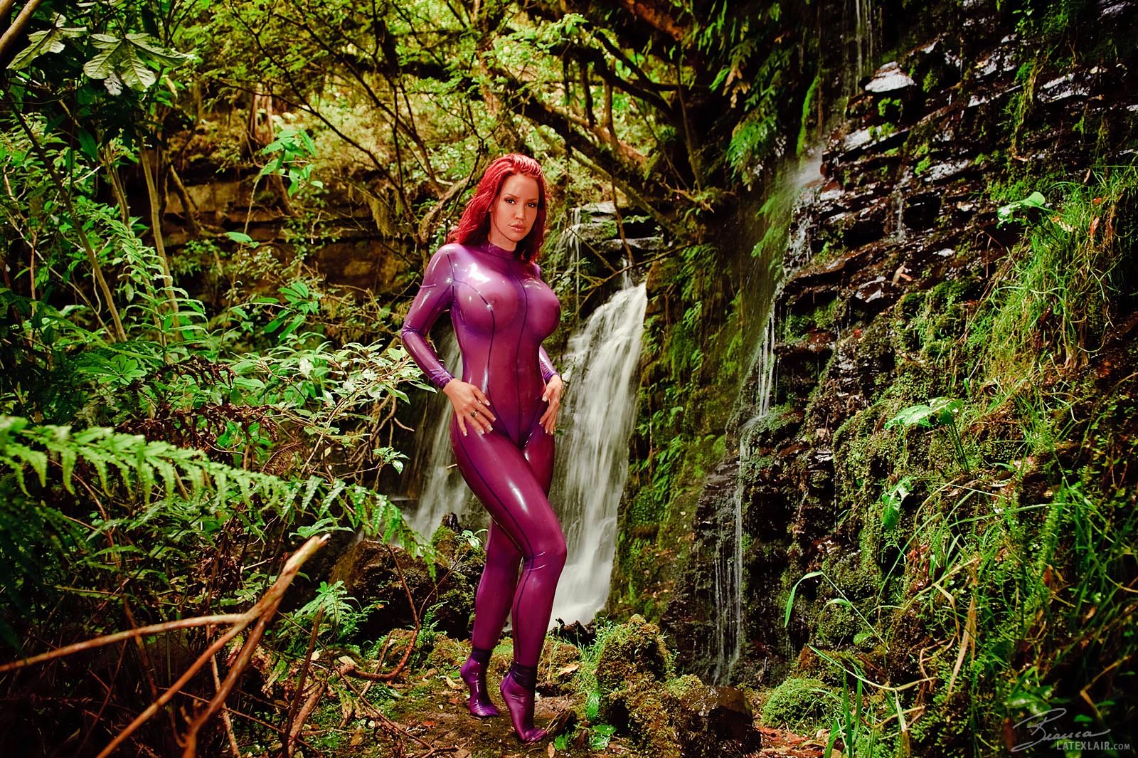 bianca_beauchamp breasts female large_breasts latex long_hair outside red_hair solo watermark