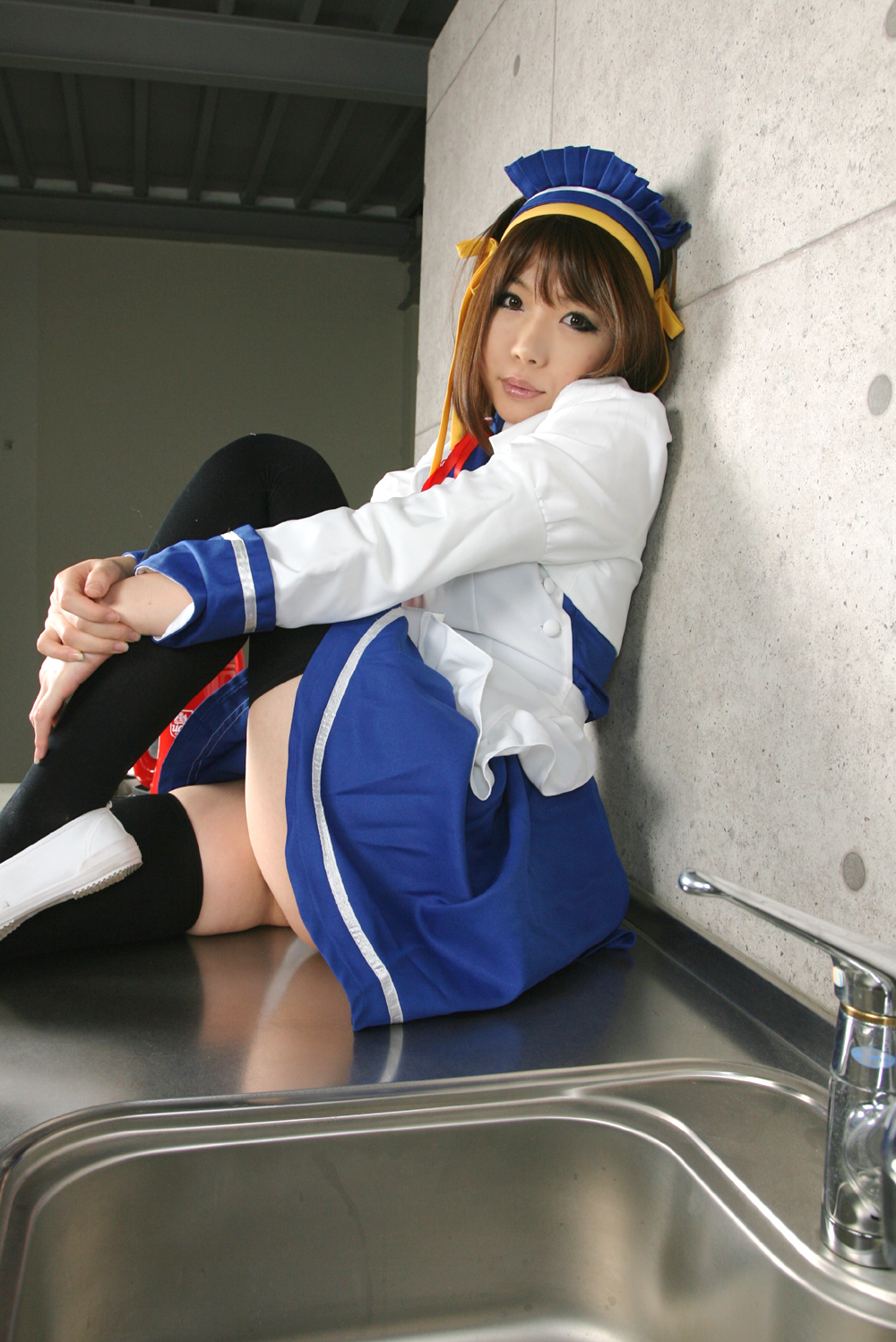 apron asian breasts brown_hair cosplay female hairband kitchen panties shoes short_hair skirt solo thighhighs