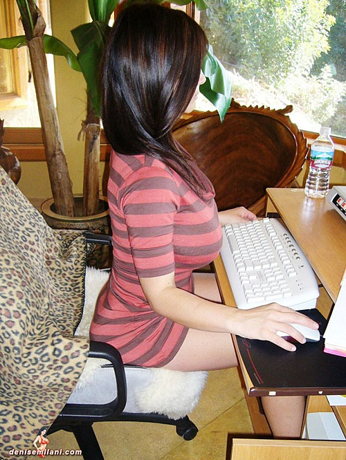 breasts brown_hair computer denise_milani female huge_breasts long_hair solo watermark
