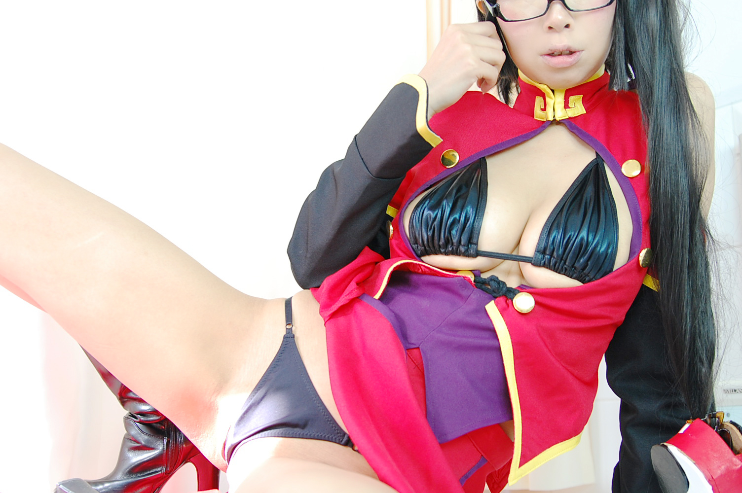 ashiya_noriko asian black_hair breasts cleavage female glasses high_heels large_breasts long_hair shoes solo