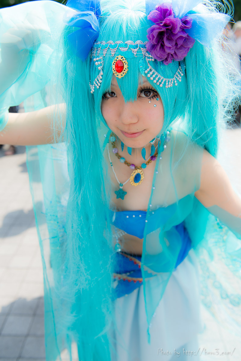 aqua_hair asian bare_shoulders breasts cosplay high_heels long_hair midriff navel outside pigtails shoes