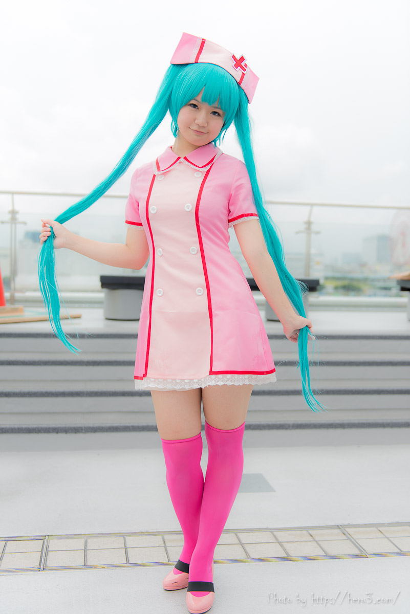 aqua_hair asian breasts cosplay female hat long_hair nurse outside pigtails solo