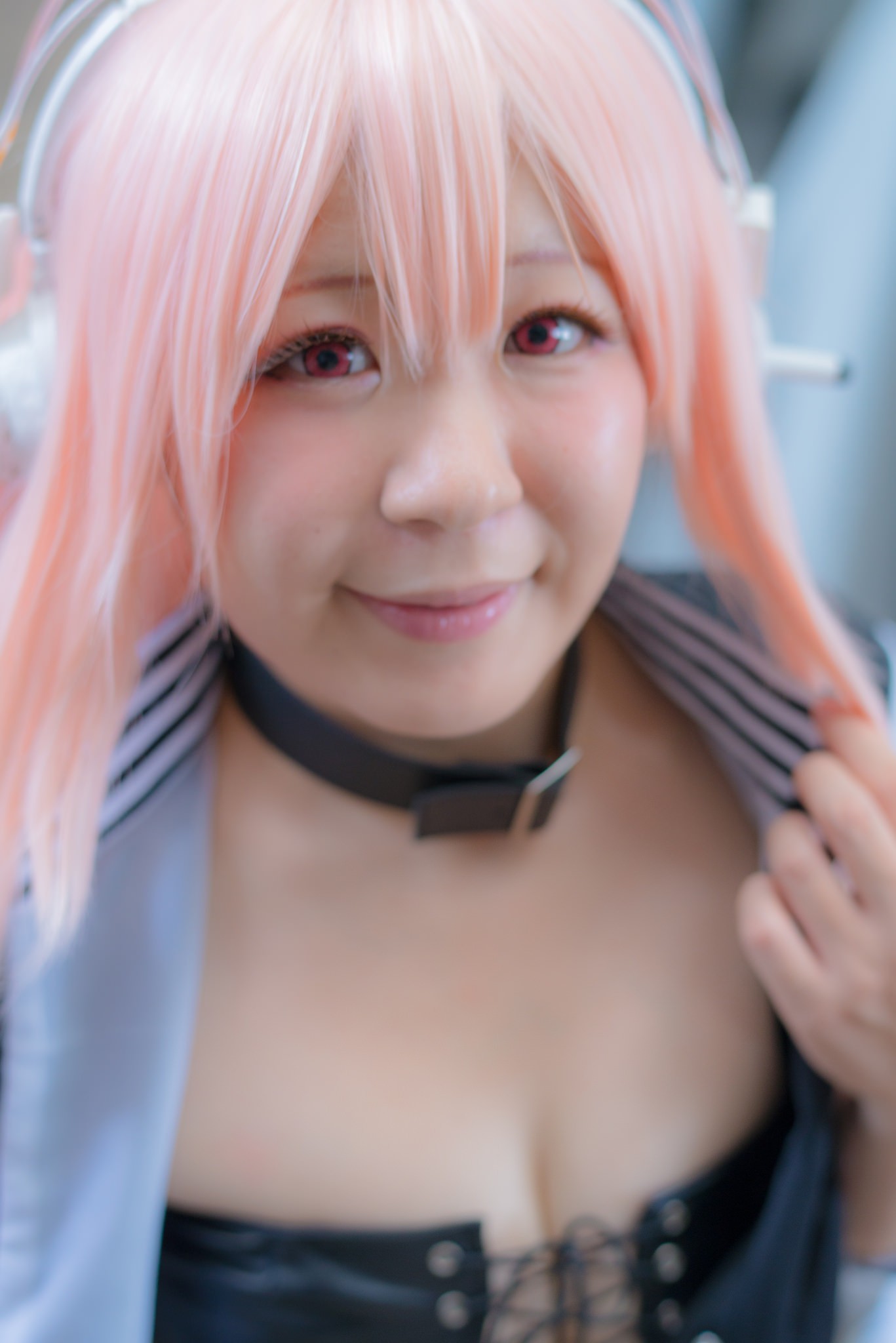 asian breasts cleavage collar cosplay female headphones large_breasts long_hair midriff navel pink_hair solo