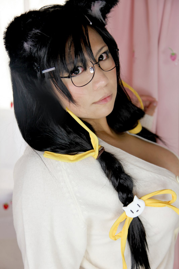 animal_ears asian bed black_hair bra breasts chouzuki_maryou cleavage cosplay female glasses huge_breasts long_hair panties solo