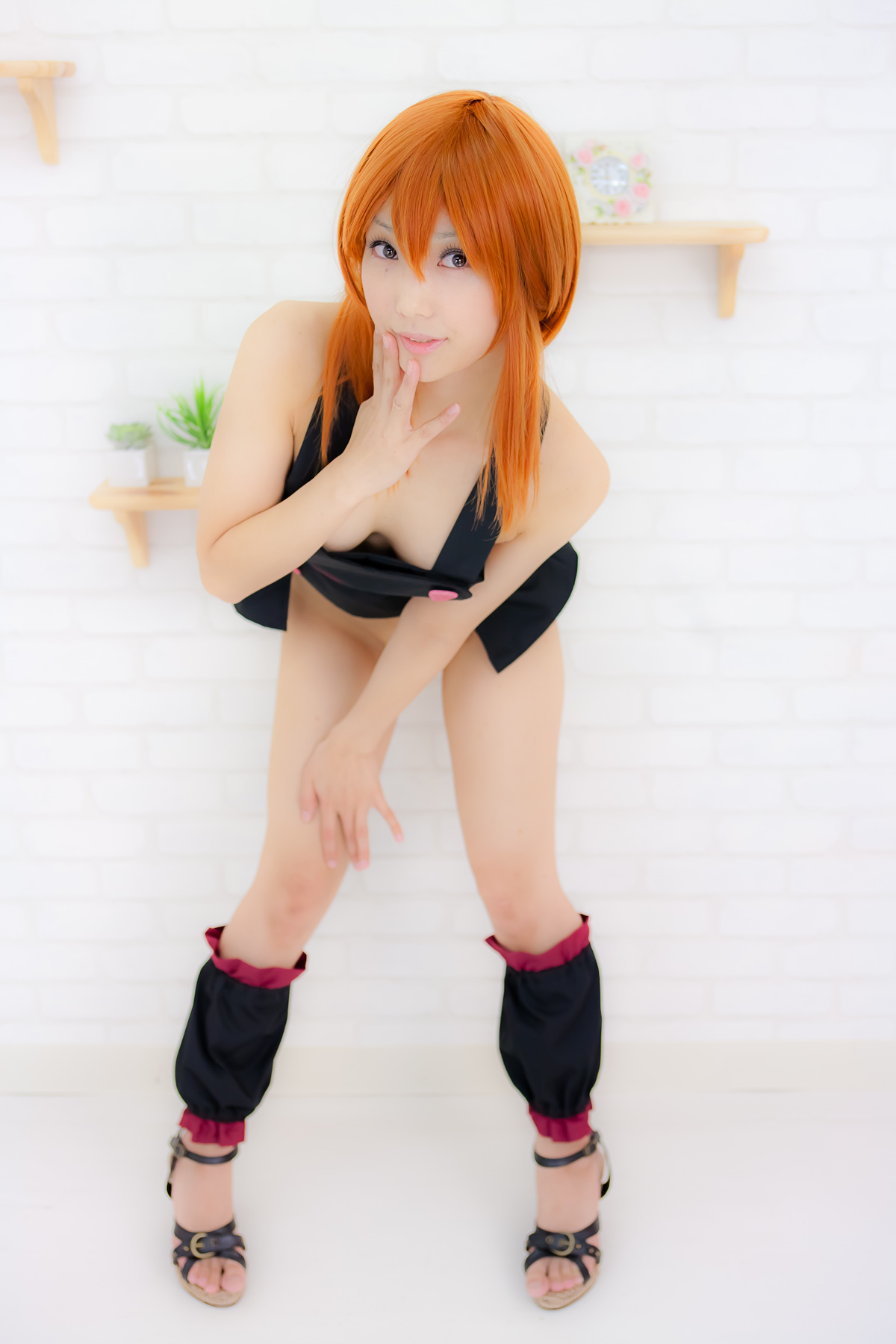 apron asian belt breasts cosplay elpeo_puru female gundam long_hair orange_hair sandals shoes solo