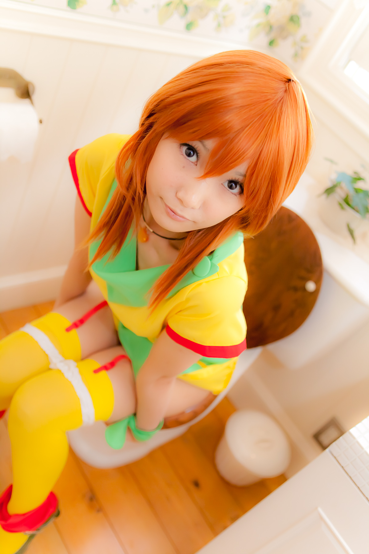 asian breasts cosplay female garter_belt long_hair midriff necklace orange_hair panties skirt solo thighhighs