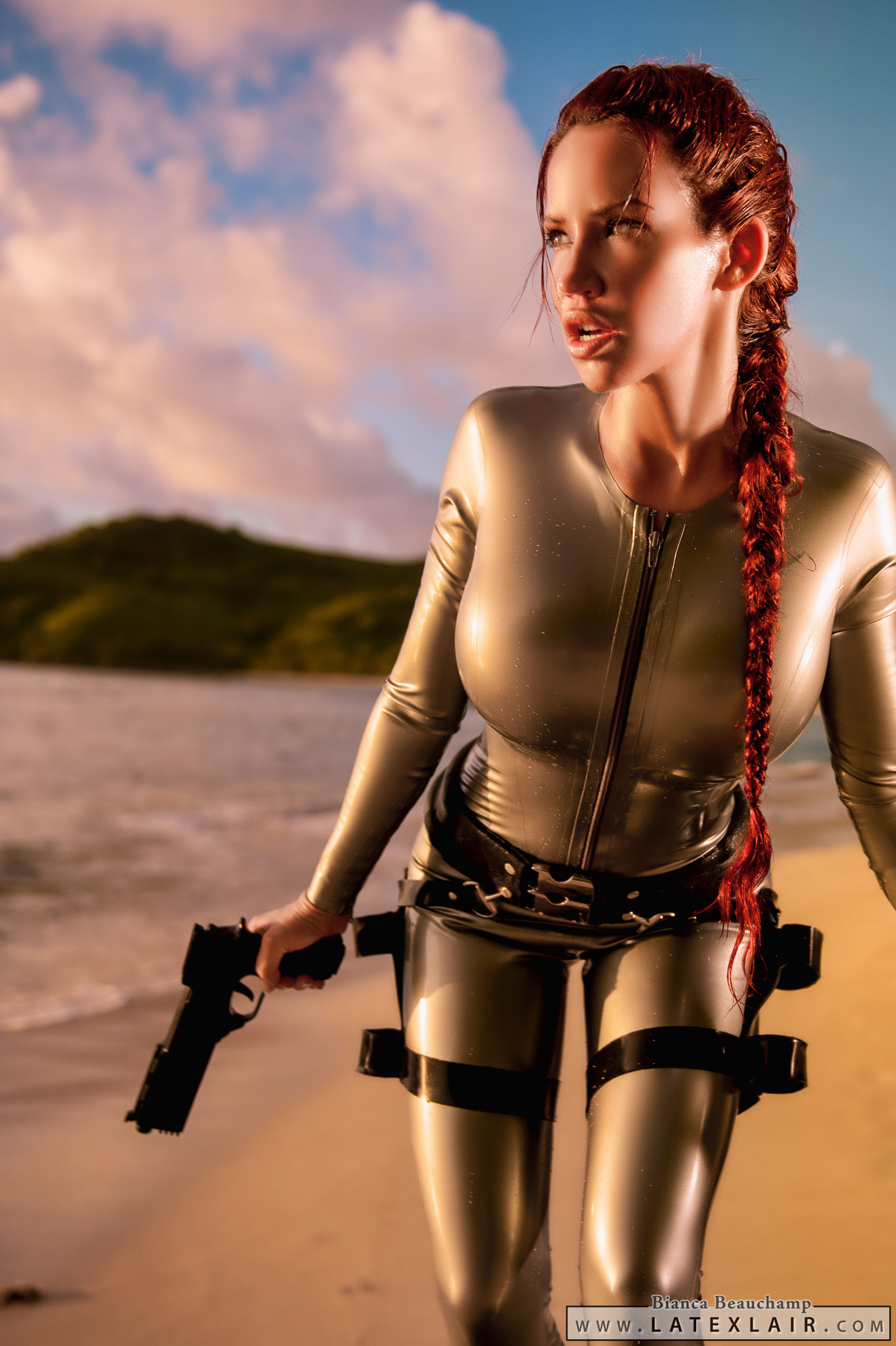 bianca_beauchamp breasts female large_breasts latex long_hair outside red_hair solo watermark weapon