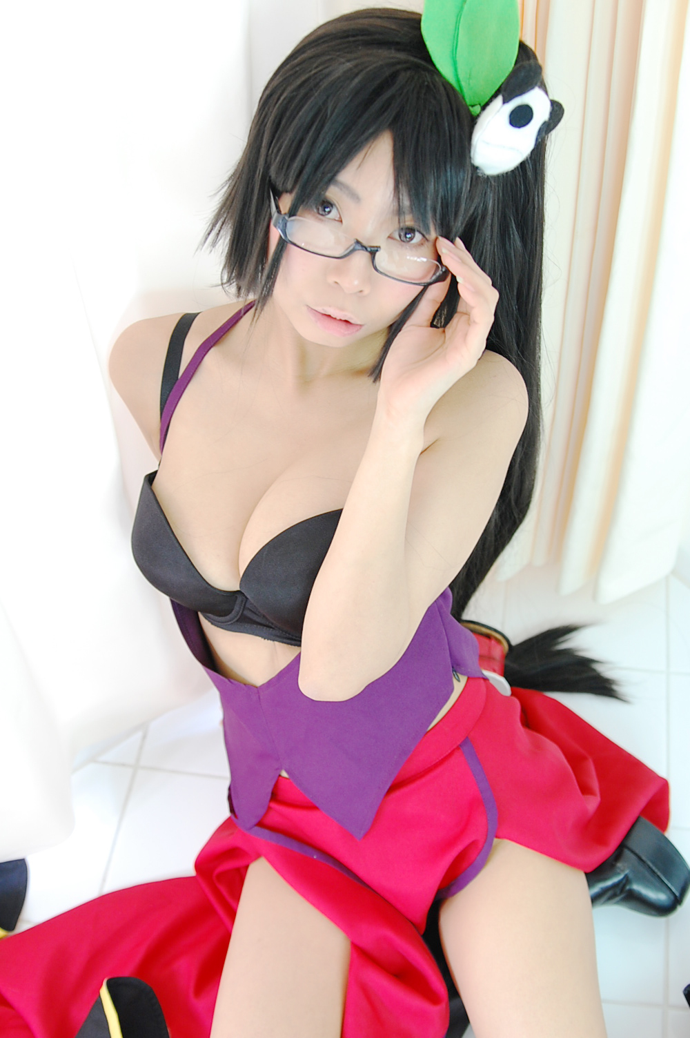 ashiya_noriko asian black_hair breasts cleavage female glasses high_heels large_breasts long_hair shoes solo