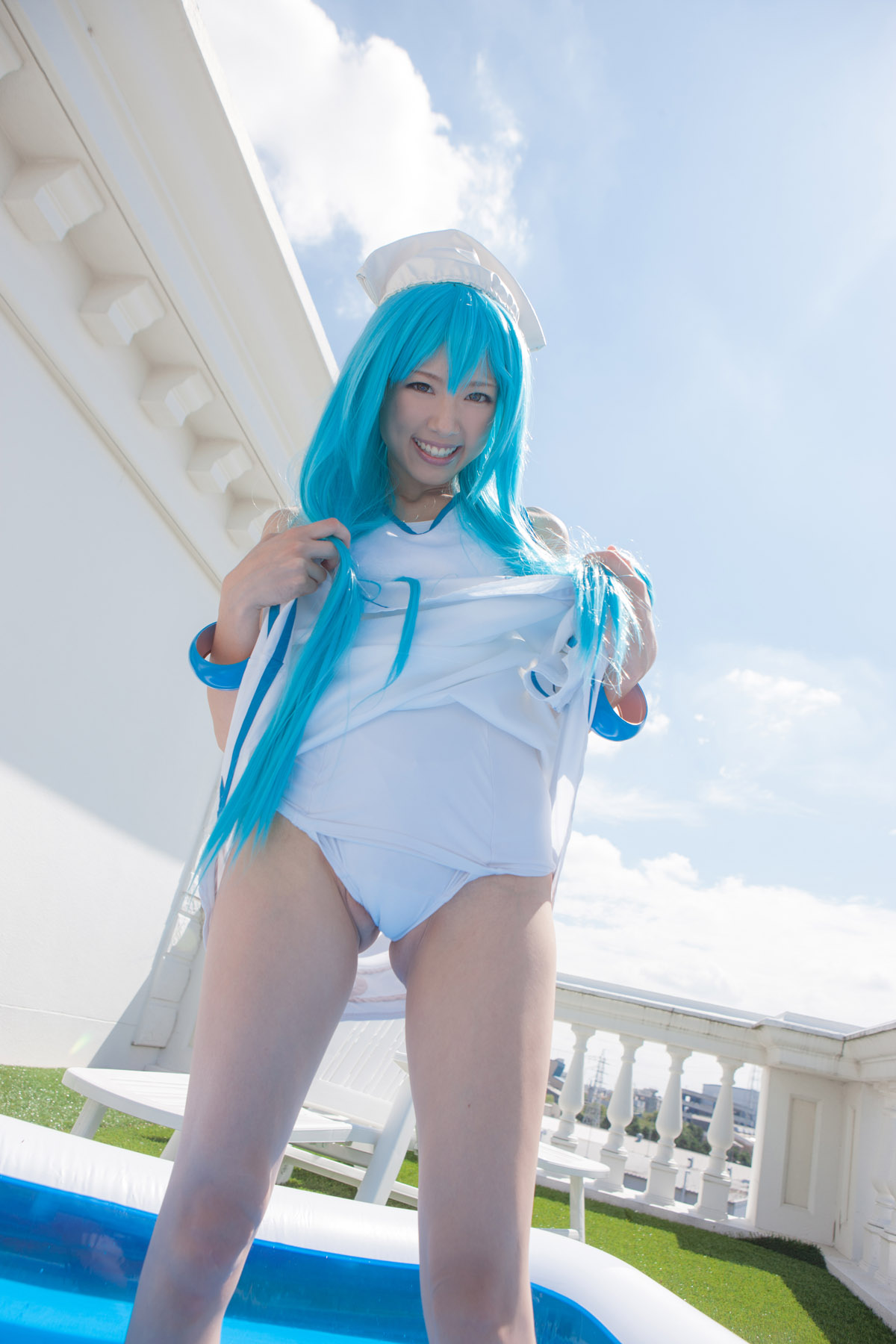 asian blue_hair breasts cosplay dress female hat long_hair outside pool solo water wet
