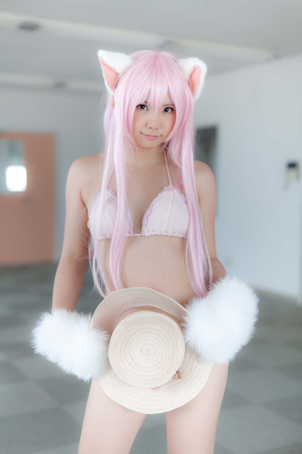 animal_ears asian breasts cosplay enako female long_hair pink_hair solo