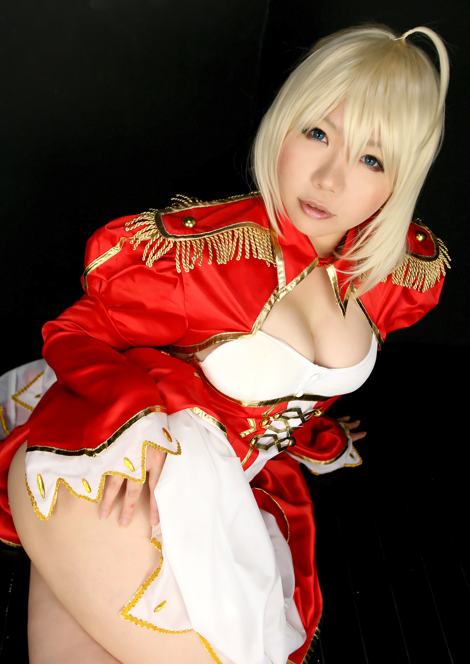 asian blonde_hair boots breasts cosplay dress female high_heels long_hair panties solo