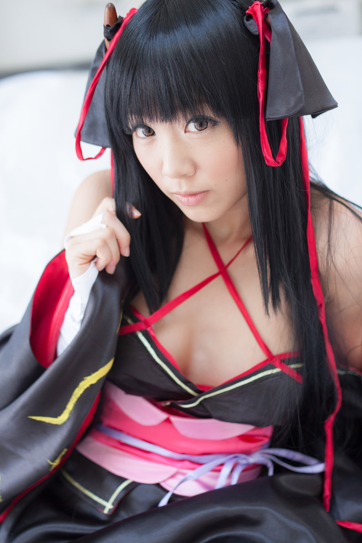 asian bare_shoulders black_hair breasts cosplay dress female long_hair shoes socks solo