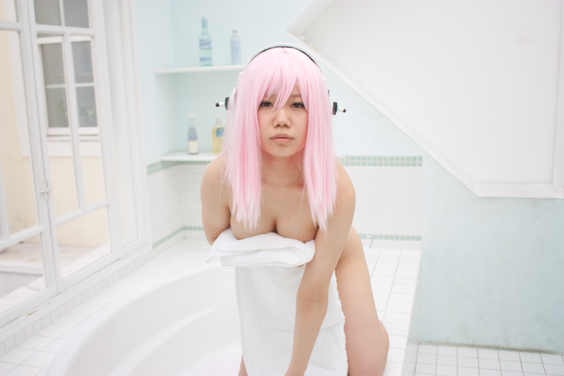 asian bathroom breasts cosplay female headphones long_hair nude pink_hair solo