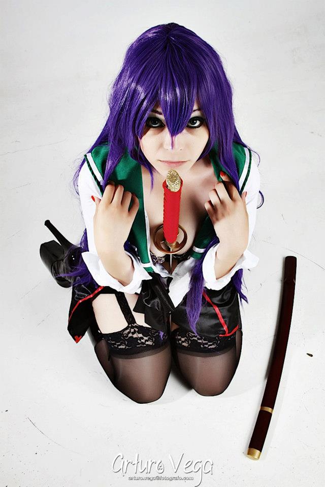 1girl asian boots busujima_saeko cosplay female garter_belt high_heels highschool_of_the_dead long_hair makeup purple_hair skirt solo sword thighhighs