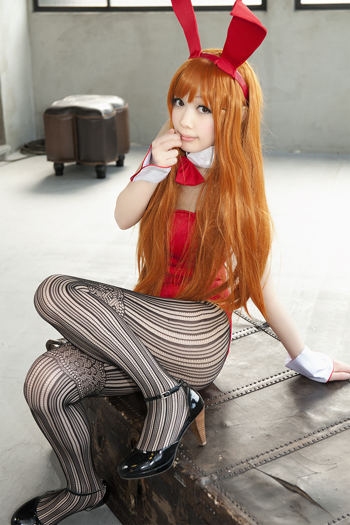animal_ears asian breasts cosplay female high_heels long_hair orange_hair shizuku shoes solo