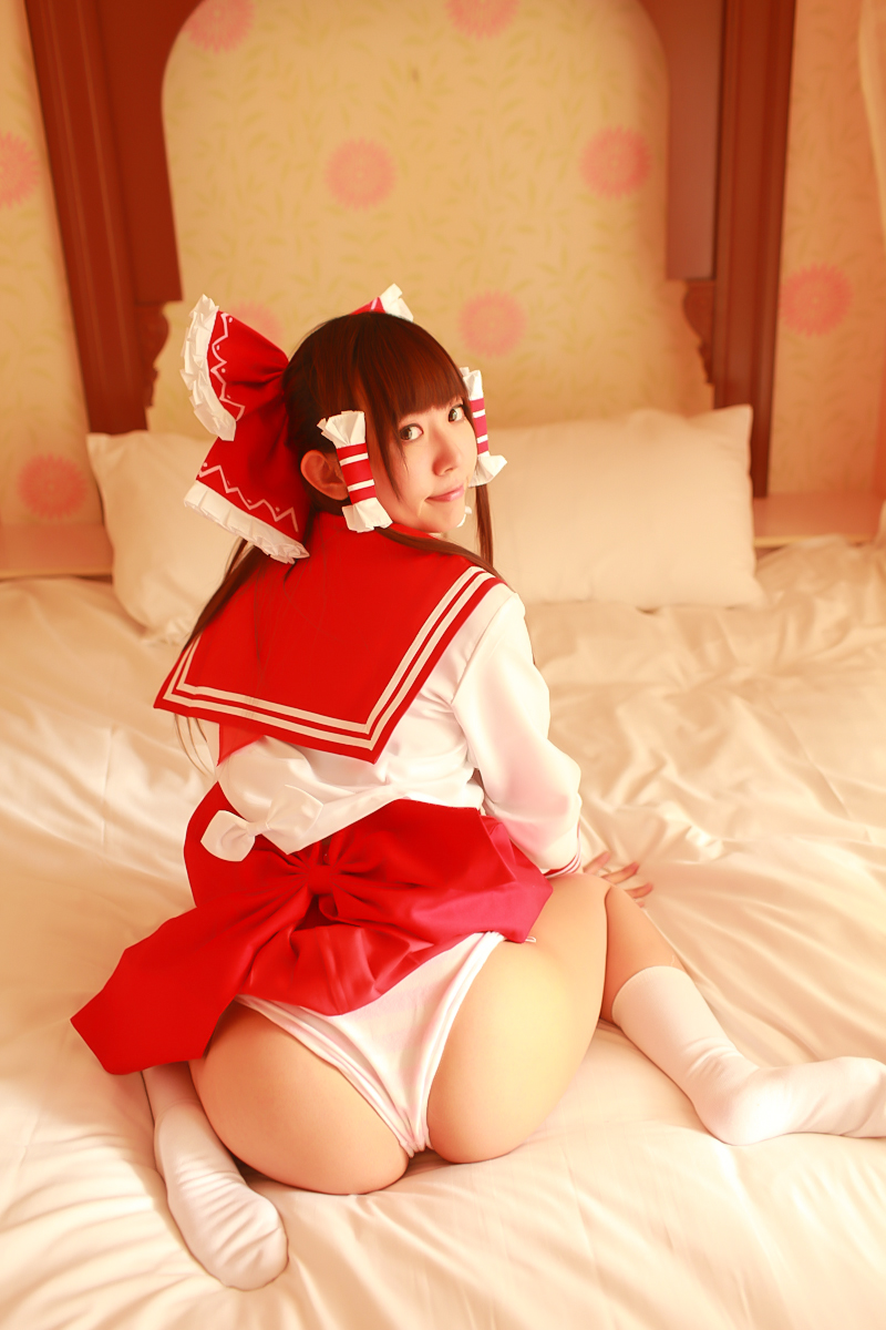 asian ass breasts brown_hair clothed cosplay female long_hair panties pigtails socks solo touhou white_panties