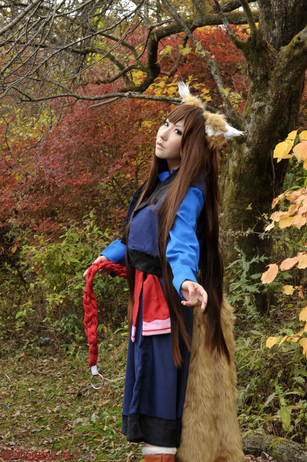 animal_ears asian breasts brown_hair cosplay female long_hair shooting_star solo watermark