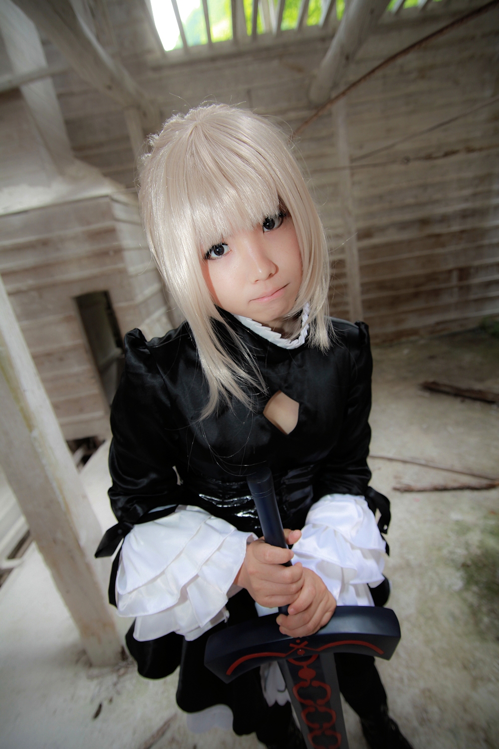 asian breasts cosplay dress enako female long_hair maid shoes solo white_hair