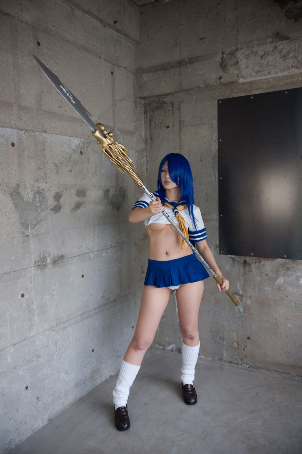 asian blue_hair breasts cosplay female long_hair midriff navel necktie polearm shoes skirt socks solo underboob weapon