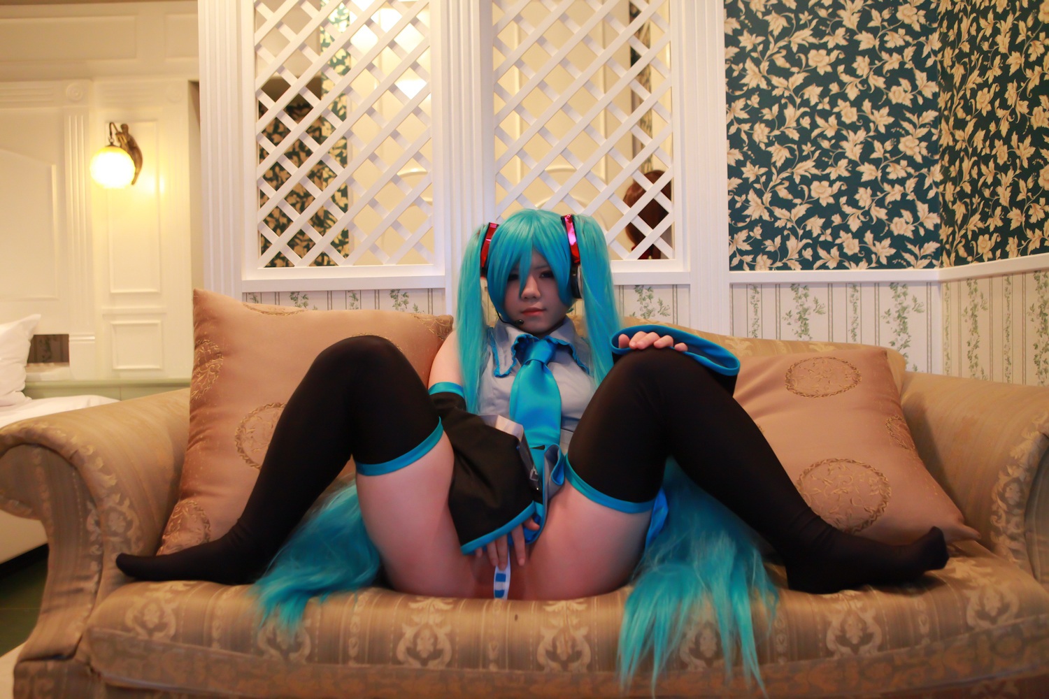 asian blue_hair breasts cosplay female headphones long_hair necktie panties skirt solo thighhighs