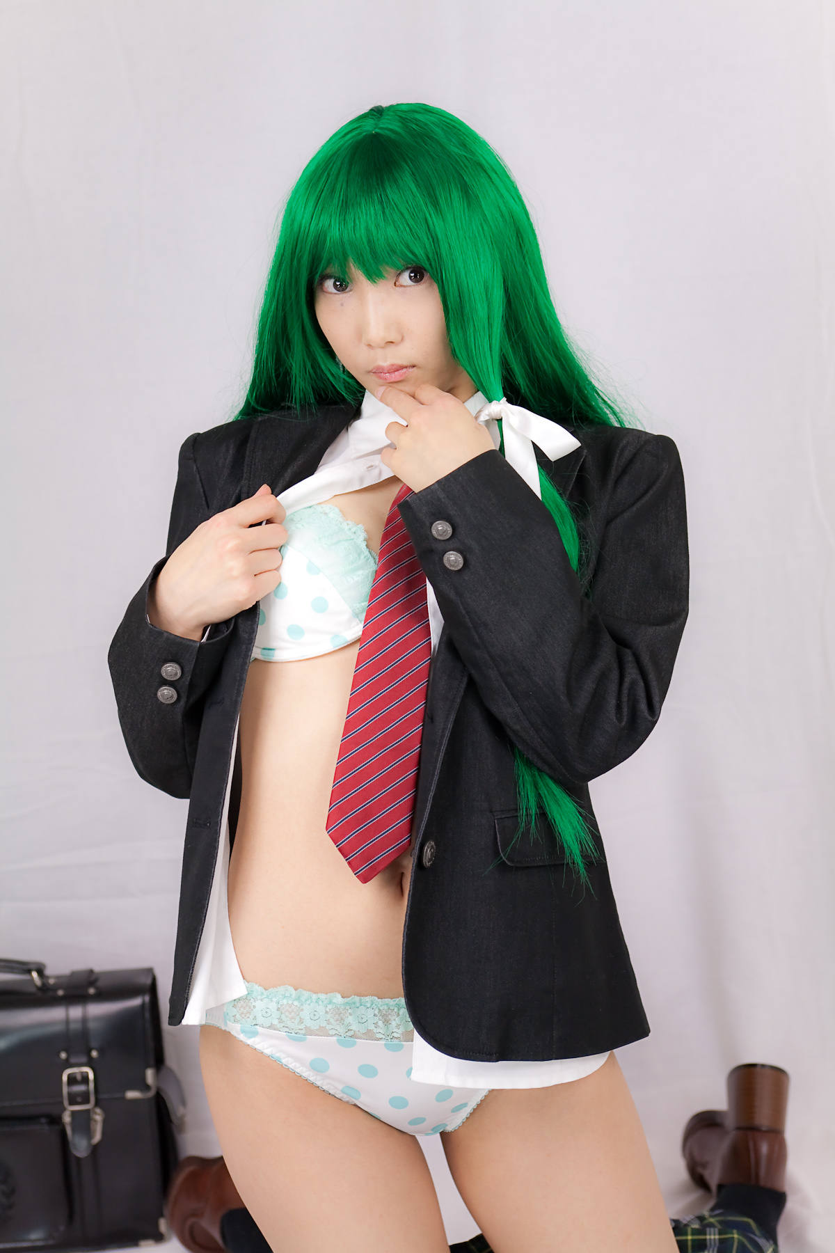 asian breasts cosplay female green_hair lenfried long_hair solo watermark