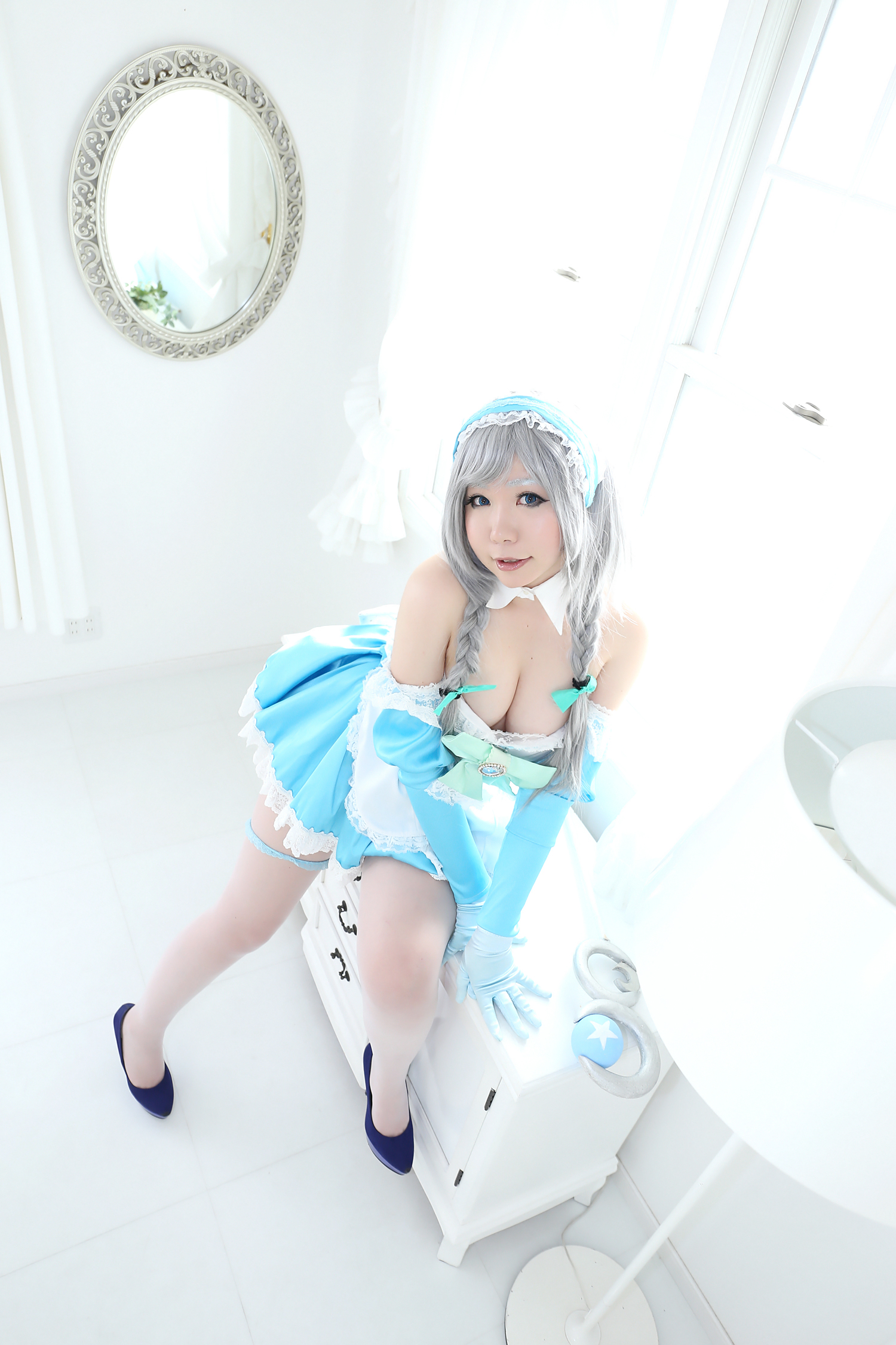 asian breasts cosplay dress female gloves gray_hair high_heels long_hair shoes solo thighhighs