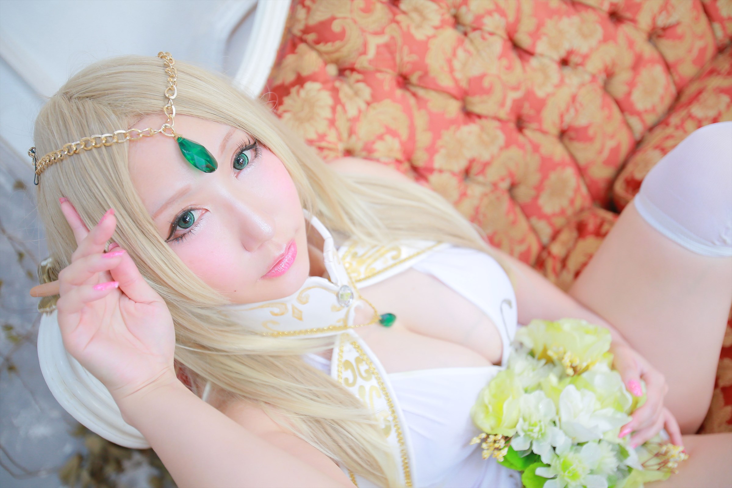 asian blonde_hair breasts cosplay female long_hair shooting_star solo