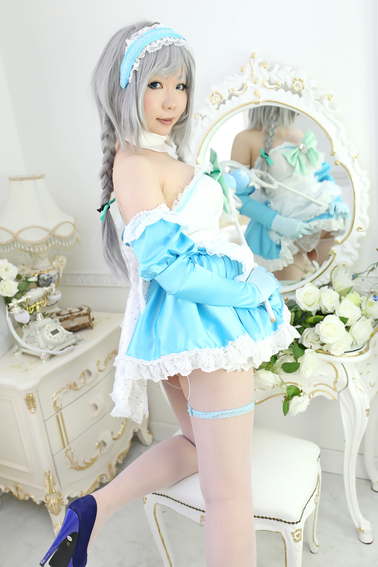 asian breasts cosplay dress female gloves gray_hair high_heels long_hair shoes solo thighhighs