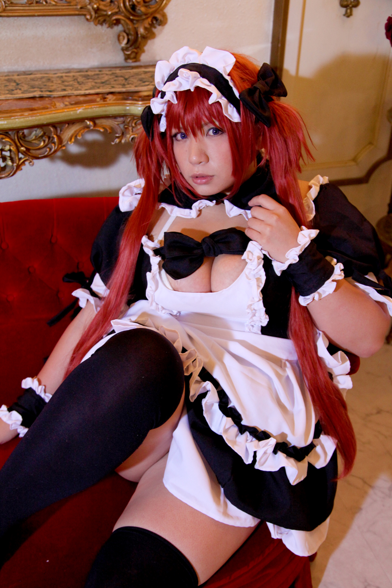 asian breasts chouzuki_maryou dress female huge_breasts long_hair maid plump red_hair shoes socks solo watermark