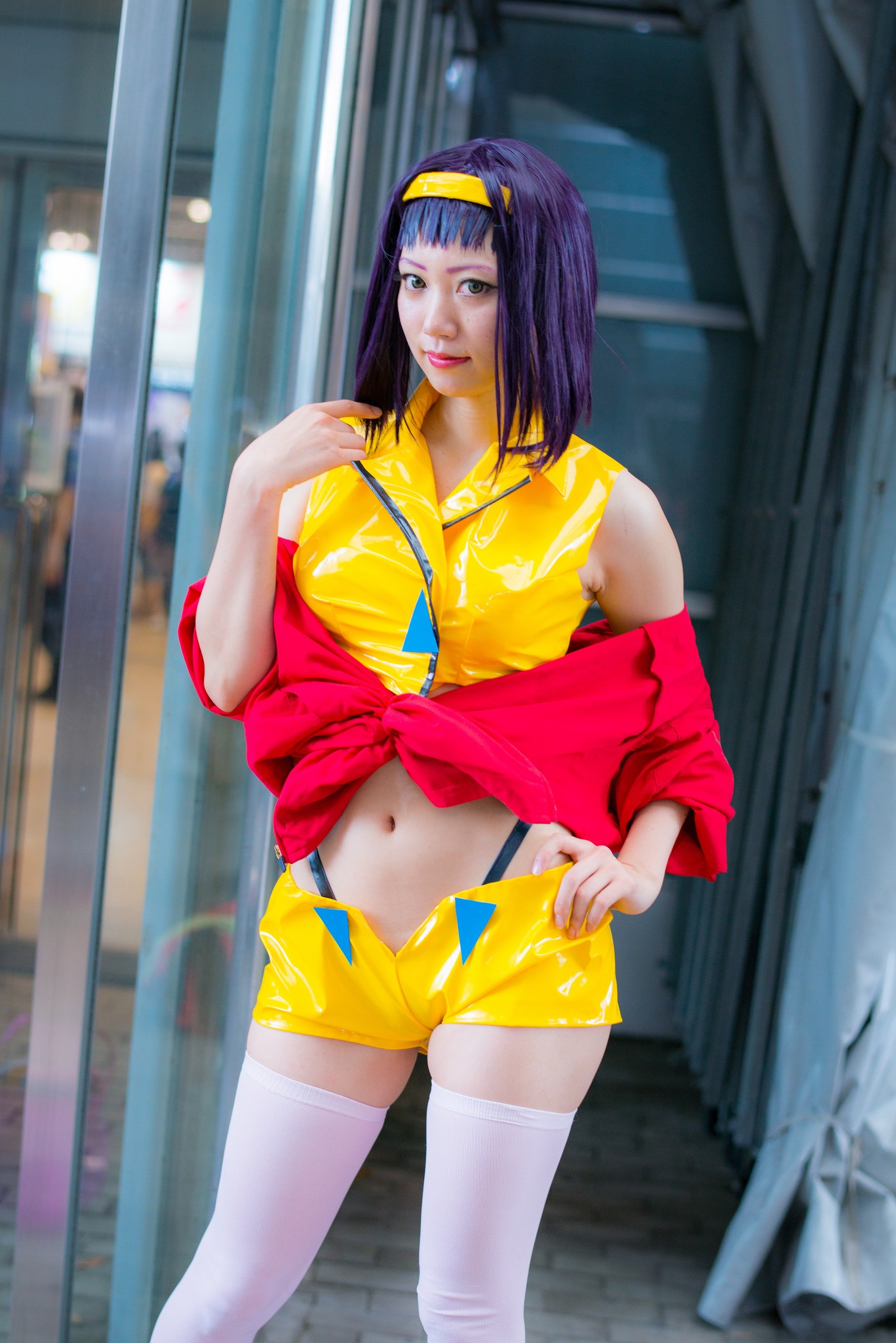1girl asian bare_shoulders cosplay cowboy_bebop faye_valentine female female_only hand_on_hip headband latex looking_at_viewer midriff outside posing purple_hair short_hair short_shorts solo stockings suspenders thighhighs