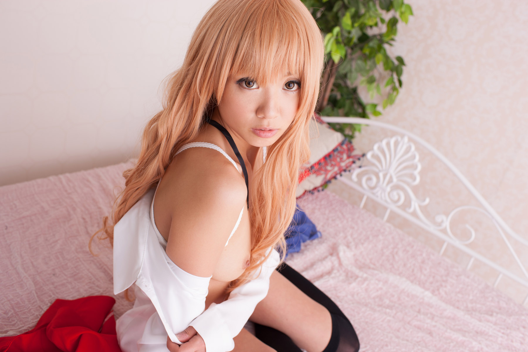 asian bed blonde_hair breasts cosplay erect_nipples female long_hair navel nipples nude pubic_hair socks solo