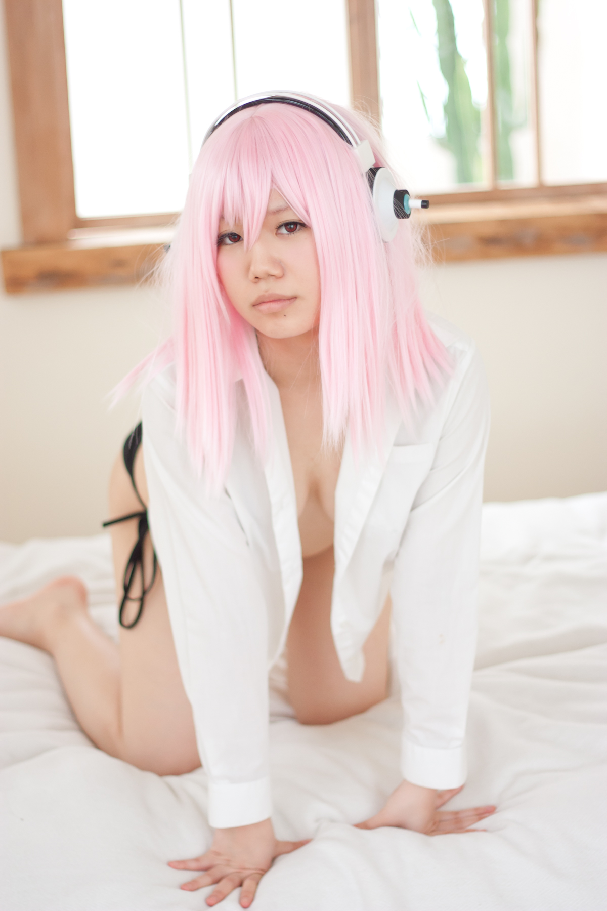 asian bikini breasts cosplay female headphones long_hair pink_hair solo