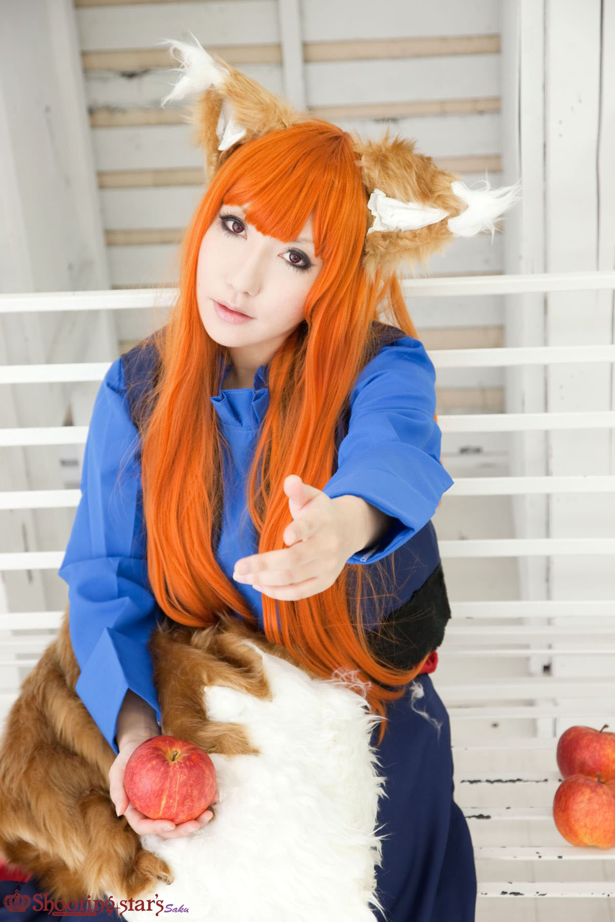 animal_ears asian breasts cosplay female long_hair orange_hair shooting_star solo watermark